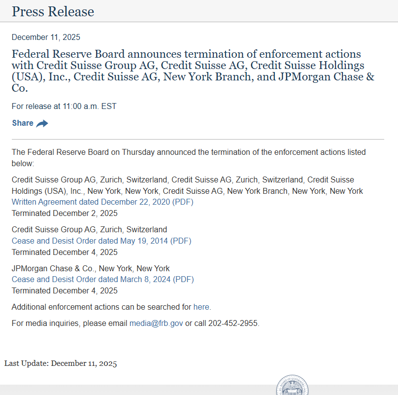 ReesePolitics's tweet image. BREAKING: The Federal Reserve Board announces termination of enforcement actions with Credit Suisse Group from the time of the offense December 22, 2020. 🚨

The word 'risk' appears 31 times in its original 13-page letter.