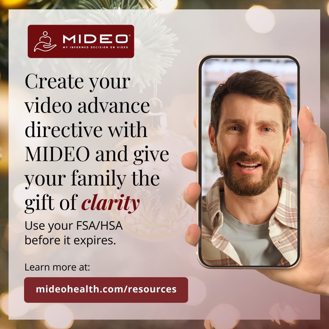 MIDEOHealth's tweet image. FSA expiring soon? HSA funds untouched? Use them to create a #MIDEO video advance directive—fast, eligible for many plans, and truly meaningful. Make your benefits count. Learn more: bit.ly/4958Kyx
#FSA #HSA #MIDEO #PlanAhead