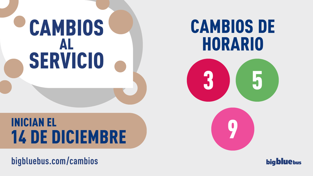 SMBigBlueBus's tweet photo. Friendly reminder: Starting Sunday, December 14, #BigBlueBus service changes go into effect! Hop on and #RideWithConfidence to experience our #BrighterBlue improvements. 💙🚌
For all change details, visit: https://t.co/naj0gEshfa.
#ServiceChange
Recordatorio amistoso: ¡A partir del domingo 14 de diciembre, entrarán en vigor los cambios en el servicio de #BigBlueBus! Súbete y #ViajaConConfianza para experimentar nuestras mejoras #BrighterBlue. 💙🚌
Para ver todos los detalles de los cambios, visita: https://t.co/naj0gEshfa.