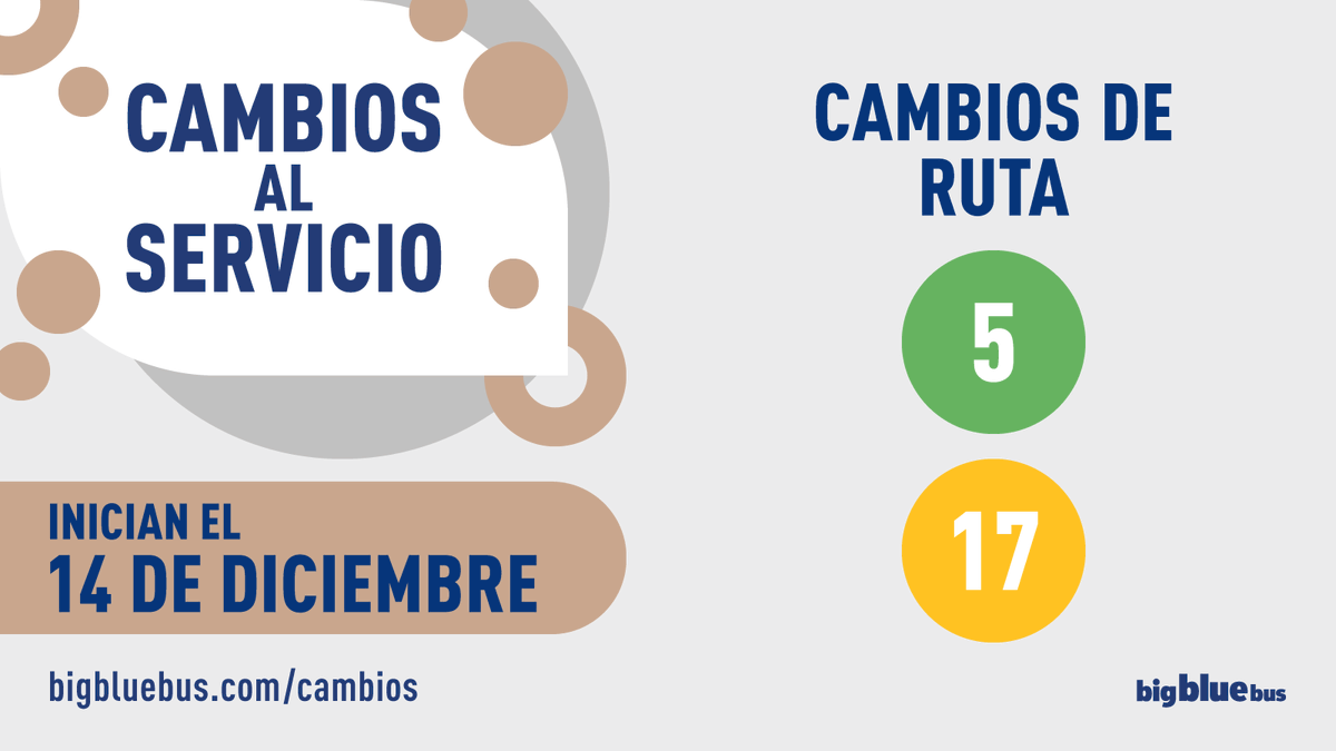 SMBigBlueBus's tweet photo. Friendly reminder: Starting Sunday, December 14, #BigBlueBus service changes go into effect! Hop on and #RideWithConfidence to experience our #BrighterBlue improvements. 💙🚌
For all change details, visit: https://t.co/naj0gEshfa.
#ServiceChange
Recordatorio amistoso: ¡A partir del domingo 14 de diciembre, entrarán en vigor los cambios en el servicio de #BigBlueBus! Súbete y #ViajaConConfianza para experimentar nuestras mejoras #BrighterBlue. 💙🚌
Para ver todos los detalles de los cambios, visita: https://t.co/naj0gEshfa.