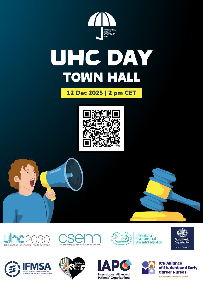 ICNurses's tweet image. 📢 #UHCDay is tomorrow! Have you registered for the 2025 #UHC Day Town Hall?

Youth advocates and parliamentarians will come together for an open, solutions-focused discussion on accelerating UHC and strengthening financial protection for all. Josephine Agyei, Chair of ICN’s