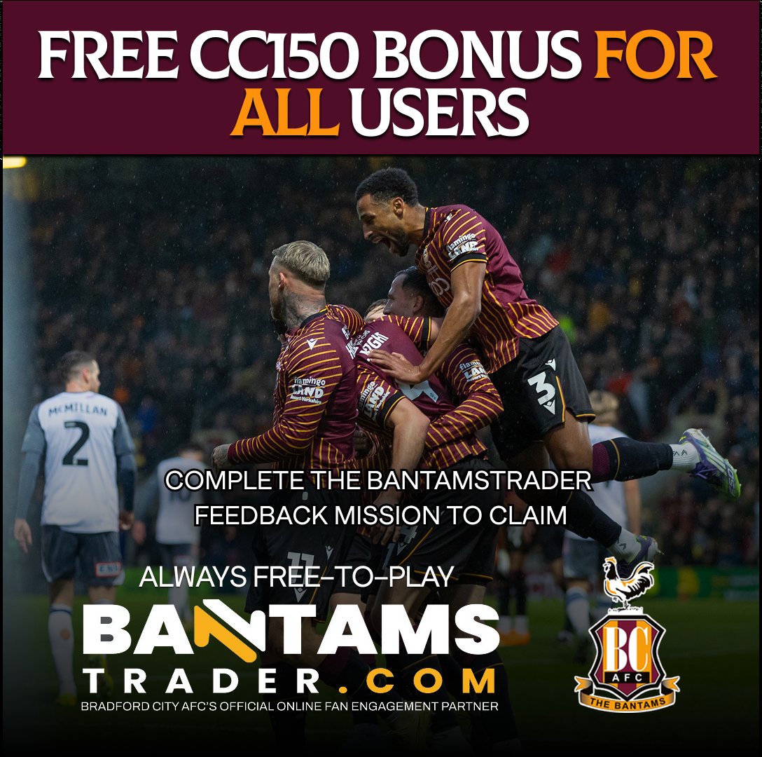 BantamsTrader's tweet photo. 🎁 We’re giving EVERY user a cc150 bonus 

Complete your feedback mission &amp; claim instantly ✅

Not signed up? Join and claim 👉 https://t.co/mvXvKKXsgj (Play FREE)

#BantamsTrader #ClubTrader #InTheClub #Bantams #BCAFC https://t.co/zNu7CZYYRm
