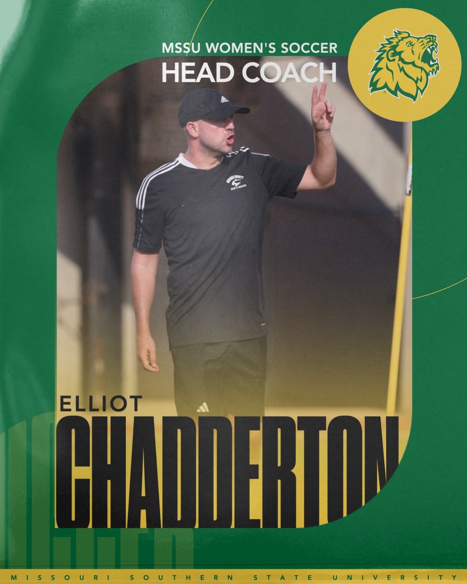 mososports's tweet photo. 🚨 BREAKING: Elliot Chadderton has been named the new Head Coach of MSSU Women’s Soccer! 
A new era begins on the pitch. ⚽🦁💚 https://t.co/0A2ZLJAFtX