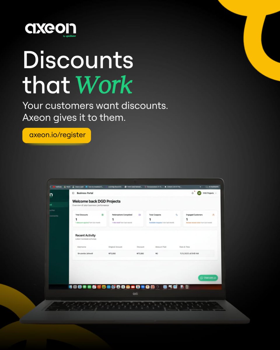 yebox_io's tweet image. Your customers want more than “just good.”
They want value. They want smart spending.
That’s where Axeon comes in helping brands meet buyers who care about every naira.
Partner with Axeon and get:
• Verified exposure to active spenders

#Yebox #Axeon #Discounts #smartbusiness