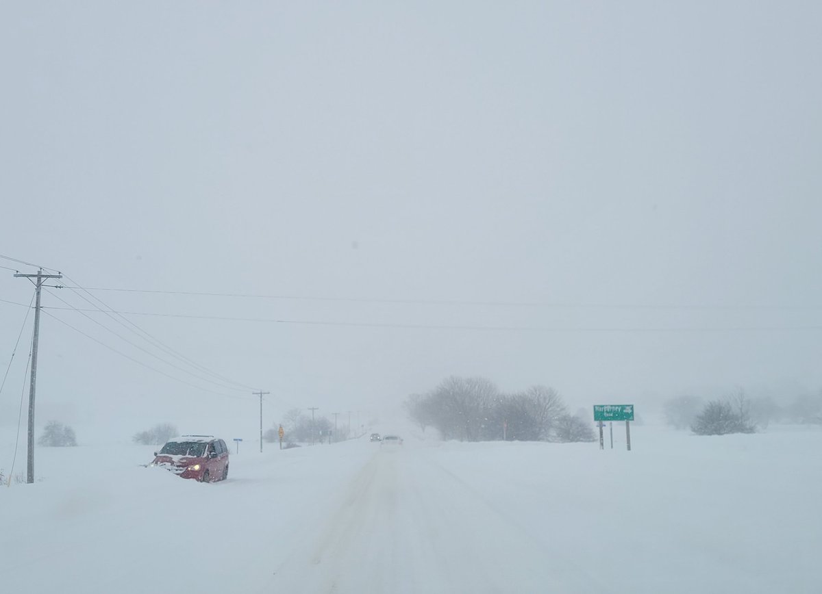 The #Hwy8 corridor from #Goderich to #Mitchell is a write off...

Heavily snow packed roads with heavy snow falling

Plows simply cannot keep up

Cars stuck in snowbanks all along the stretch 

#OnWX #ONStorm