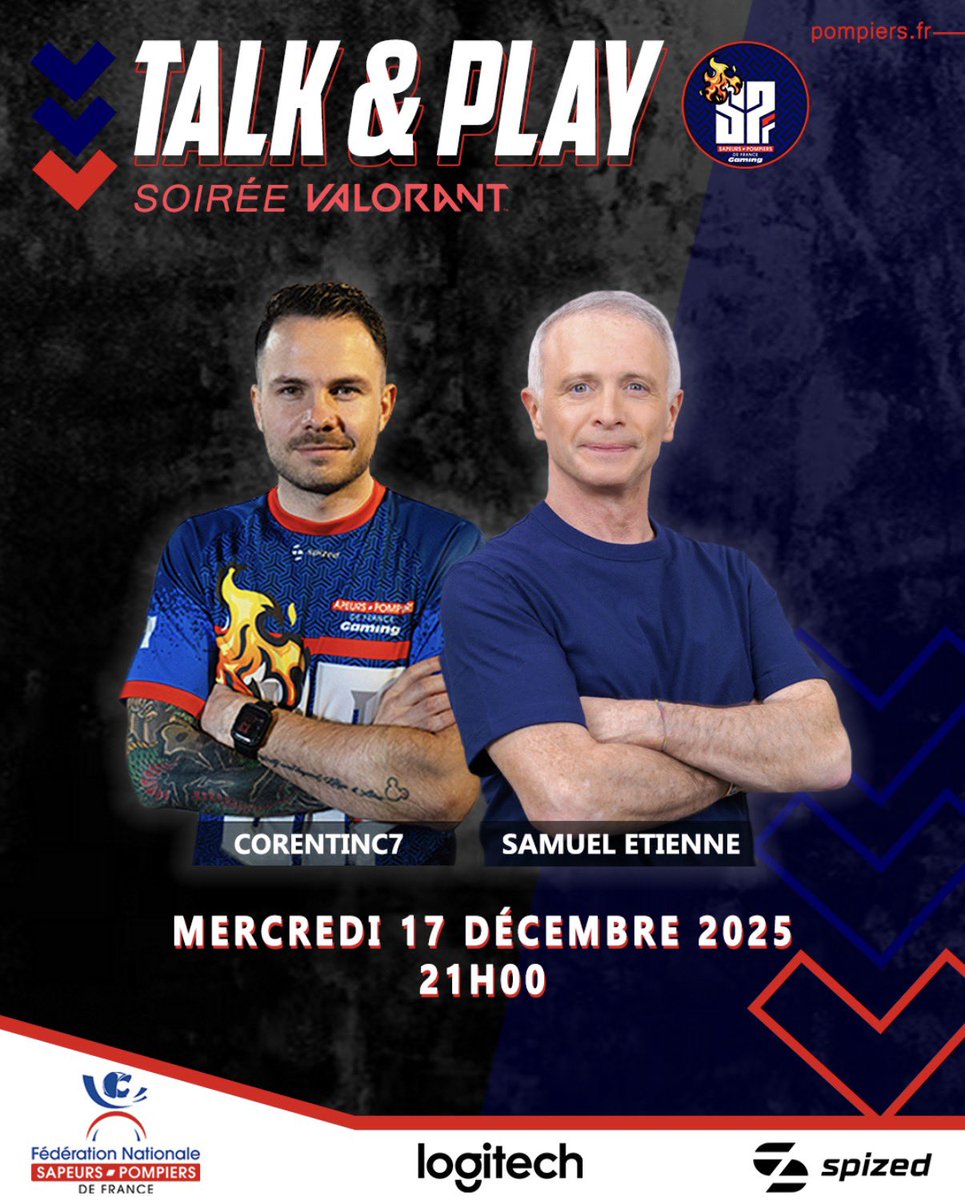 Spf_Gaming18's tweet photo. SPF Gaming x Samuel Étienne
TALK &amp; PLAY - Soirée Valorant
On réunit les univers des pompiers, du journalisme et du gaming pour une soirée spéciale.
Live twitch - > Mercredi 17 décembre à 21h.
Restez connectés
Hâte de vous retrouver pour cet événement ! https://t.co/AQqu6BFqMW