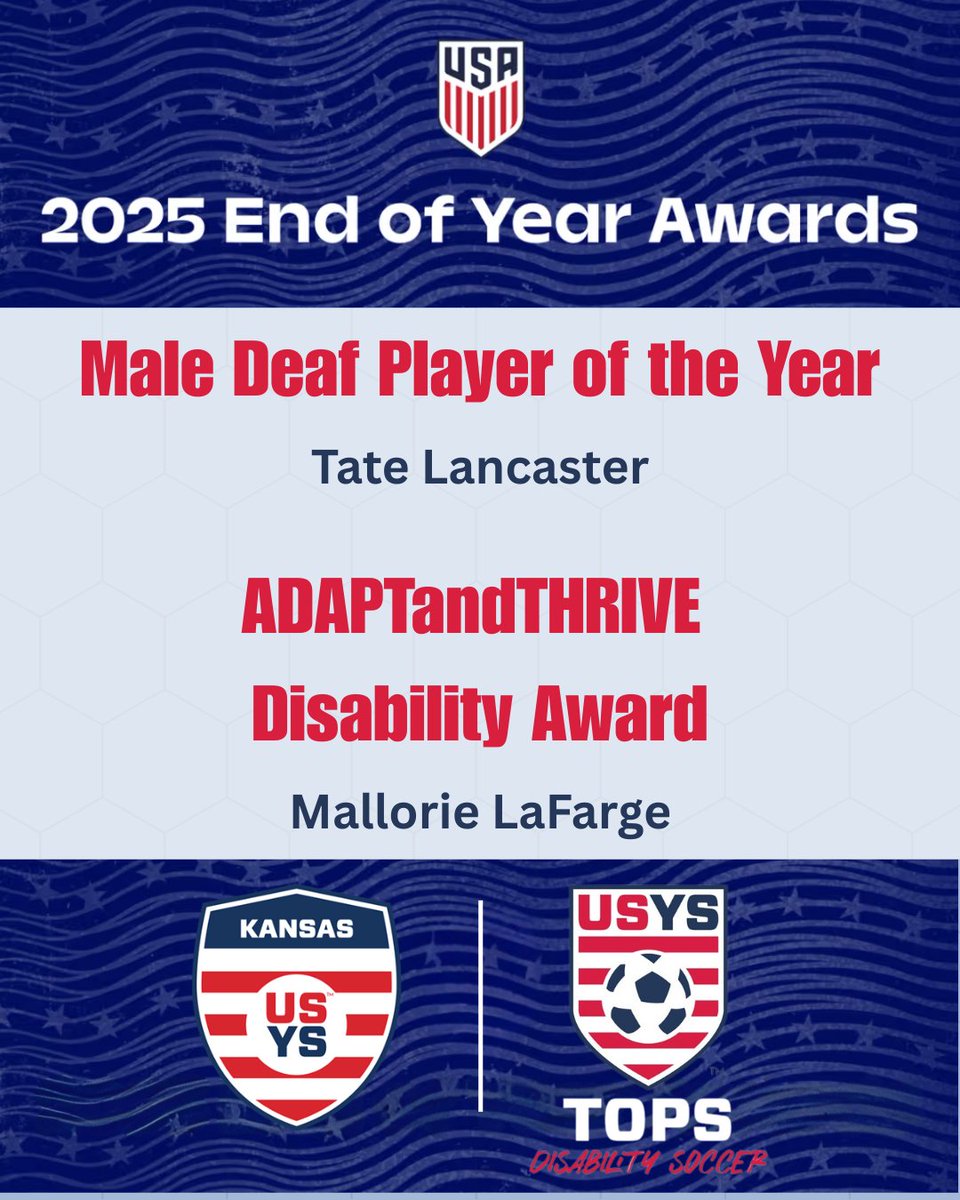 KSYouthSoccer's tweet photo. US Soccer ENT 2025 voting is open!
Kansas is proud to be represented by:

• Tate Lancaster (KC Fusion) – Male Deaf Player of the Year

• Mallorie LaFarge (Kansas TOPSoccer) – ADAPTandTHRIVE Disability Award

Show your support and vote!
https://t.co/Qix3uaAer1 https://t.co/dVwhAdseSC