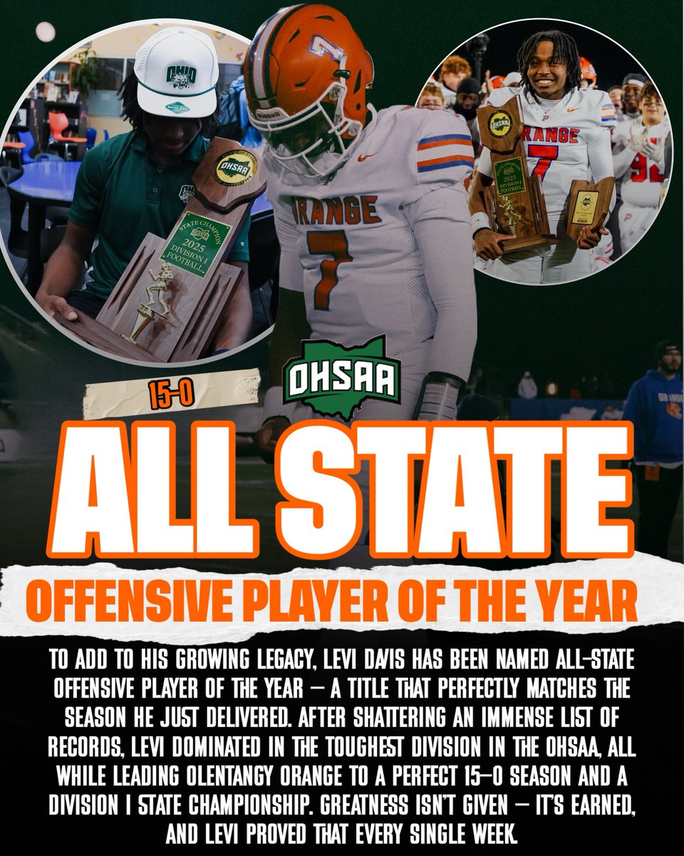 shaewhitemedia's tweet photo. Congratulations @levi_davis13 To add to his growing legacy, Levi Davis has been named All-State Offensive Player of the Year — a title that perfectly matches the season he just delivered. After shattering an immense list of records, Levi dominated in the toughest division in the OHSAA, all while helping Olentangy Orange to a perfect 15–0 season and a Division I state championship. Greatness isn’t given — it’s earned, and Levi proved that every single week. @BradMaendler @kristopherdrew @AllenTrieu
@Rivals_HS @247recruiting @PrepRedzone @on3 @OrangeHS_AD @OhioStateFB
@D7Bronz @wes_schroeder