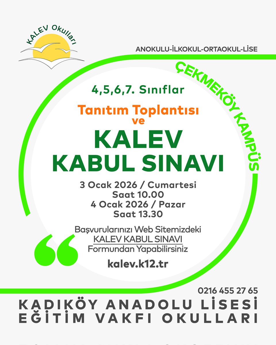 📣 Web sitemizde bukunan "KALEV Kabul Sınavı" başvuru formunu doldurun "Eğitime Doğru Yerden Başlayın!"

📍basvurukalev.k12net.com

☎️ 0216 455 27 65

#kalevokulları #kazanımdeğerlendirmesınavı #bursluluksınavı #eğitim #çekmeköyokulları