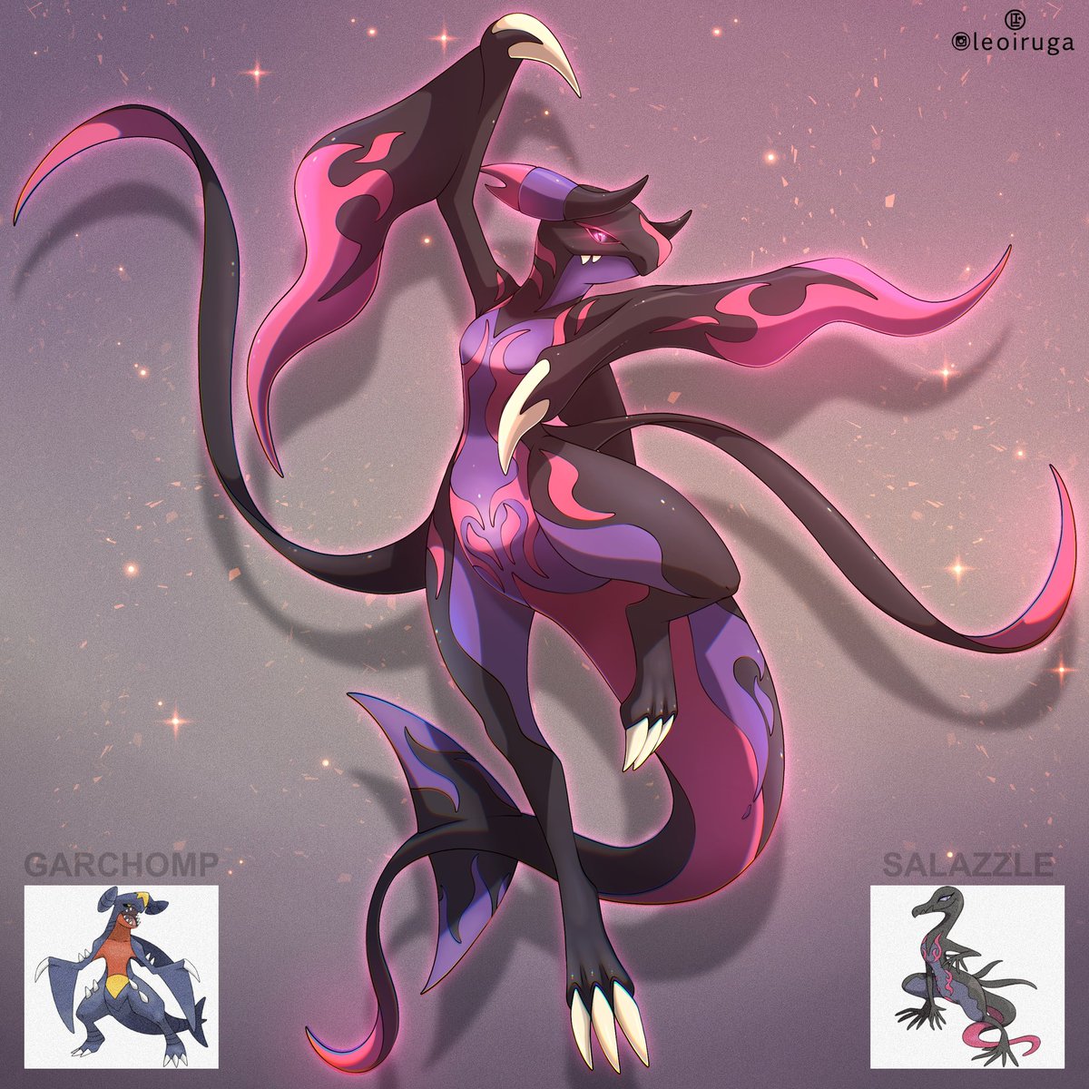 Garchomp and Salazzle Fusion 🖤💜🩷
(Commission)