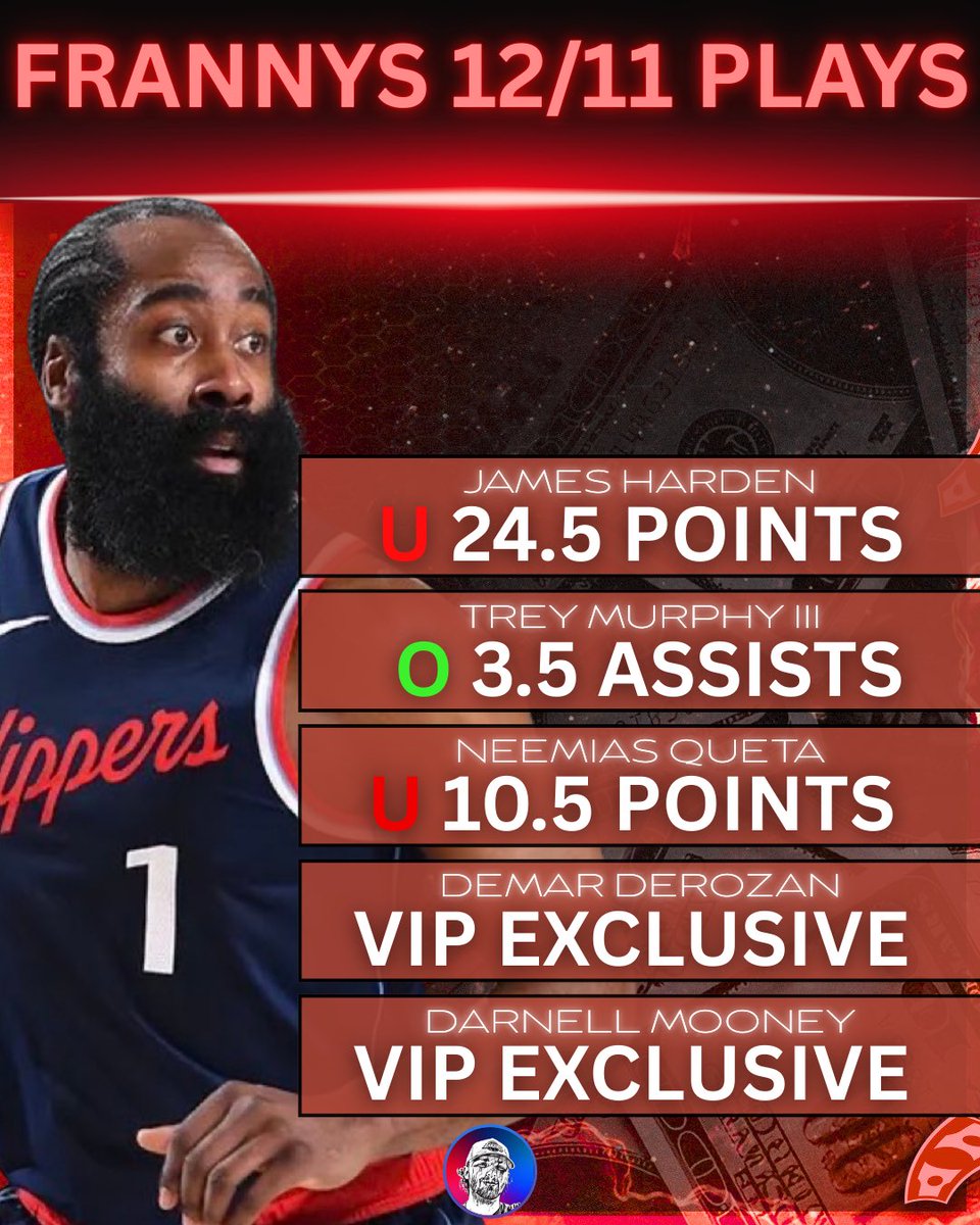 FrannysPlays's tweet photo. December 11th Best Plays 🏀🏈

$25 To A Random ❤️ When We Sweep! 

(1.5u) Trey Murphy “O” 3.5 AST’s (-125) 
#Pelicans 
James Harden “U” 24.5 PTS (-130) 
#ClipperNation 
Neemias Queta “U” 10.5 PTS (-113)
#DifferentHere 
(VIP) Demar Derozan Play 🔒
#LightTheBeam 
(VIP) Darnell Mooney Play 🔒
#DirtyBirds 

Go Unlock Them VIP winners 😈