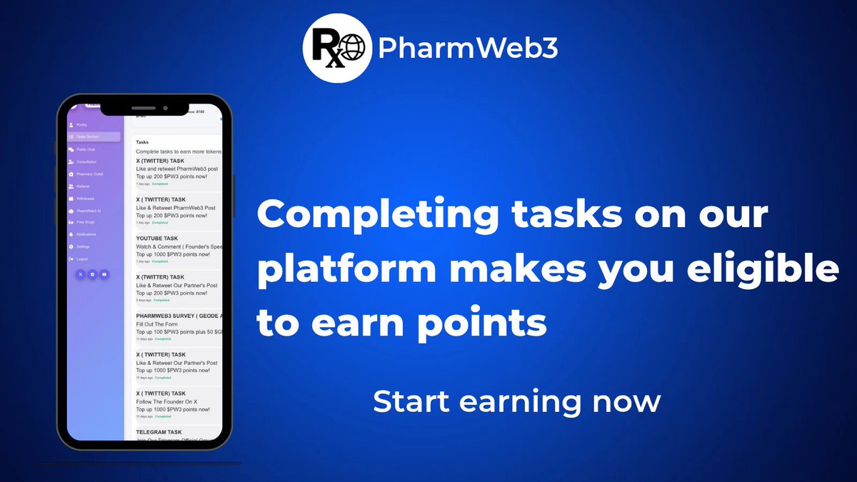 We believe in making your engagement count.
Discover a variety of easy tasks right within our platform.

Every completed task makes you eligible to earn points which can be used in applying for free drugs.

Log in to PharmWeb3.com select task section on your dashboard