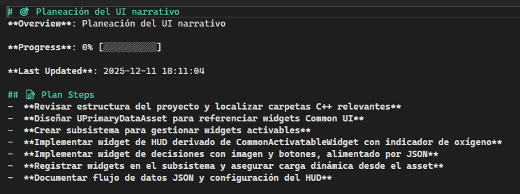 Probando el planing con gpt5.1-codex mini, primero he investigado por mi cuenta, consultado documentación para ver que arquitectura es mejor, después le he pasado mi requisitos a la #ia y ahora a esperar a que implemente las clases necesarias
#cplusplus #unreal #programacion