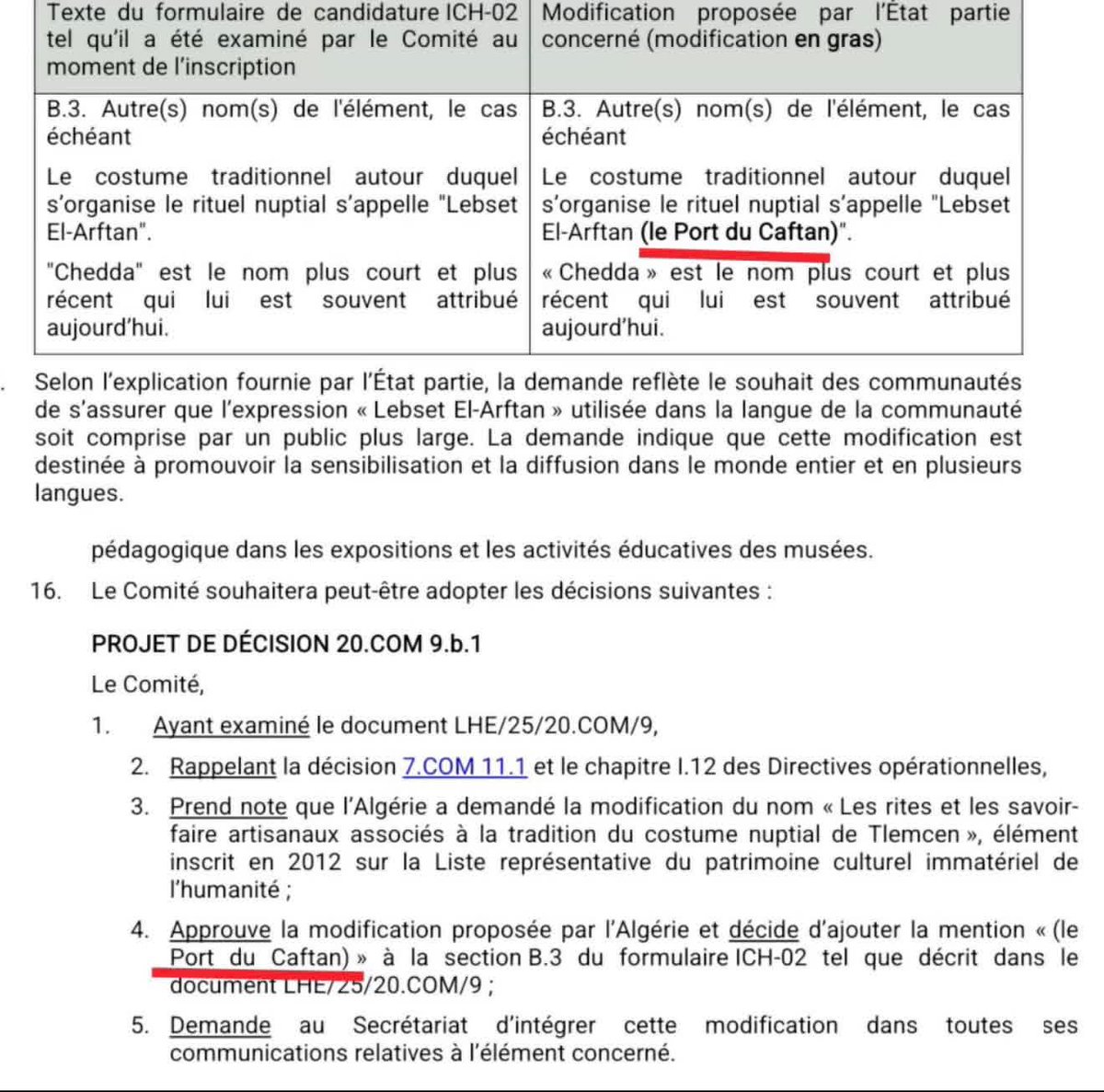 التعديل الذي تم اليوم على ملف الشدة التلمسانية كتب فيها( le port du caftan ) يعني إرتداء القفطان🫣🫣🫣🫣🫣🫣 بصحتكم اخو بصحتكم لبس القفطان المنتشر عندكم الله يعطيها الصحة اليونيسكو 🫣 العنوان دارت ليهم فيه صنع وتحضير الحلي للقفطان وهنا حطت ليهم (لبس القفطان) 🫣🫣 
القفطان المغربي
