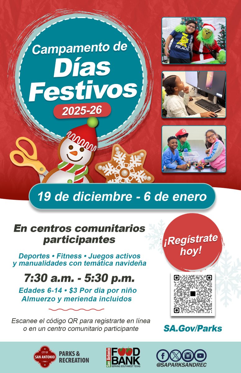 Ready for winter break fun? ❄️ From sports to crafts to active games, kids will stay busy all season long at Winter Holiday Camp! Register now!

sanantonio.gov/ParksAndRec/Pr…
