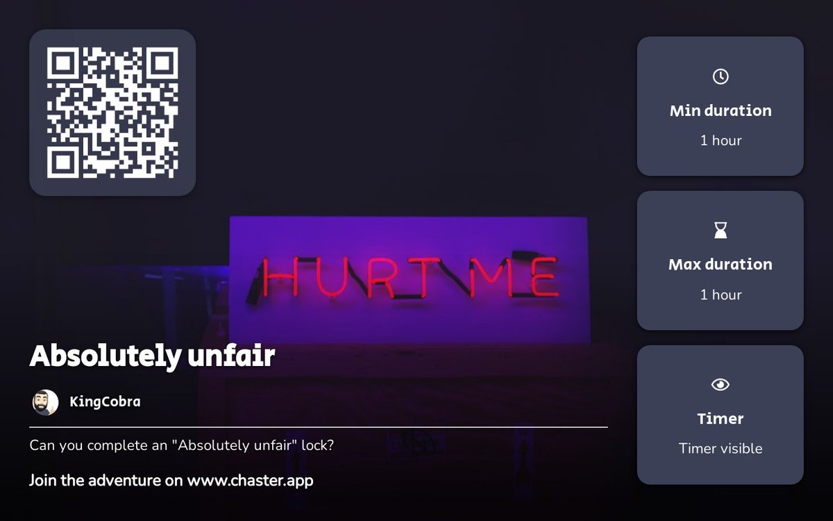 spc78x's tweet image. Can you complete an "Absolutely unfair" lock?

chaster.app/explore/693b01…

#Chaster #Chastity #TeamLocked #LockedMen