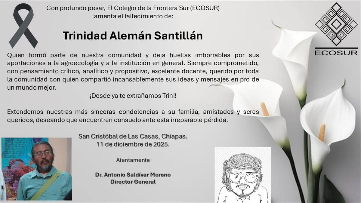 ecosurmx's tweet photo. Trinidad Alemán se va, pero se queda entre nosotros. La comunidad ecosureña extiende sus más sinceras y sentidas condolencias a su familia. https://t.co/rCxIsNPrzi