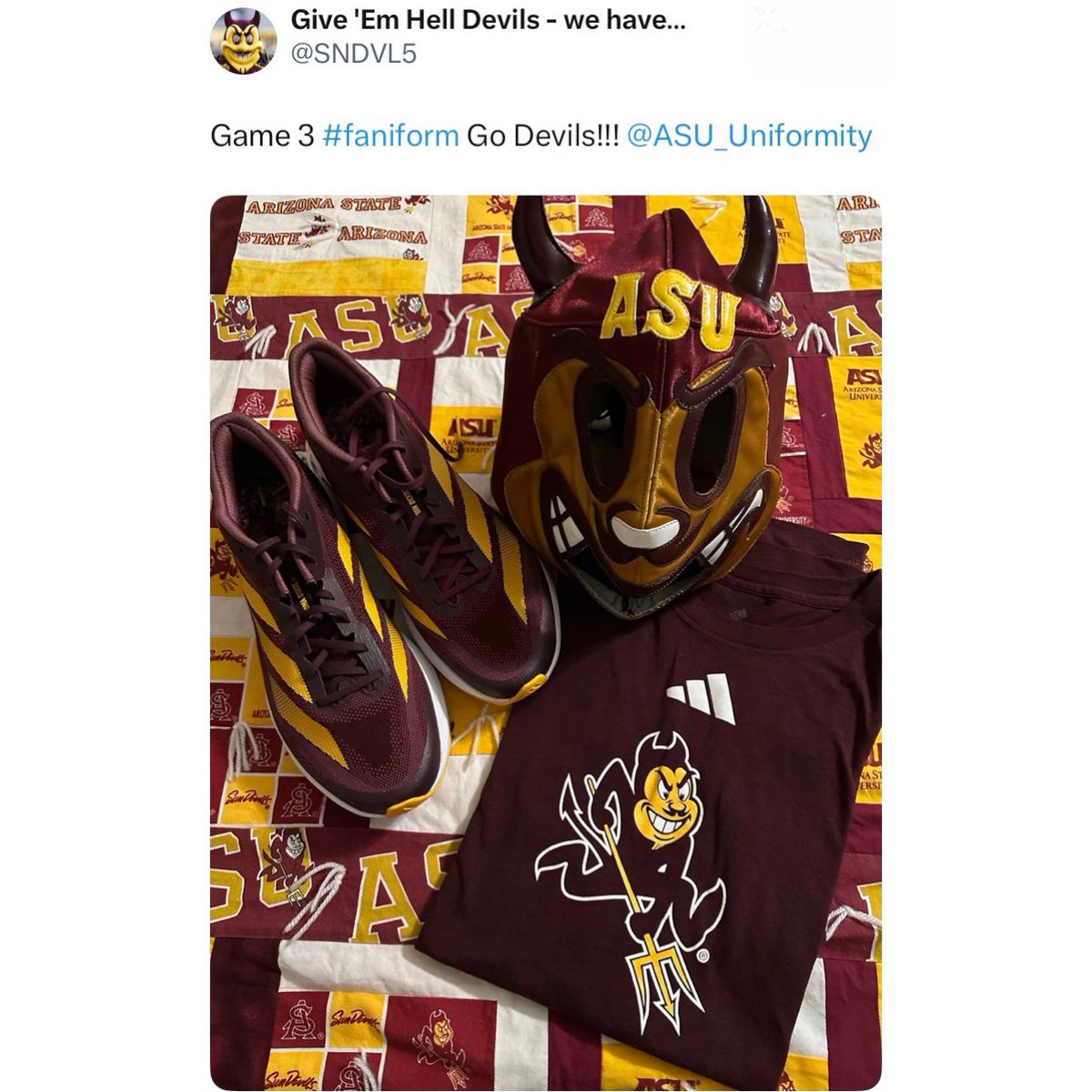 ASU_Uniformity's tweet photo. Here are the #faniforms for @ProducerWes, @andrewtaylor09, @SNDVL5, and @Cawley_TV!!! Go forth and vote in the tweet above! Poll is open until 10pm (AZ) tonight will be combined with results from the Instagram poll. https://t.co/XgoHqO83Vy
