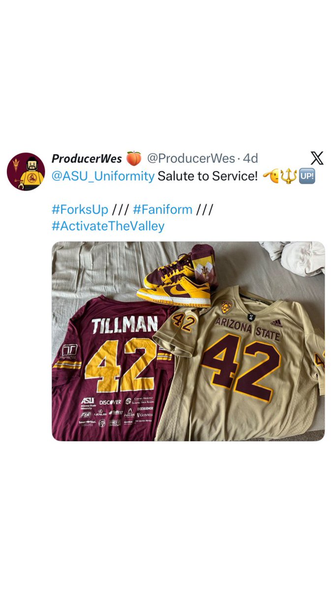 ASU_Uniformity's tweet photo. Here are the #faniforms for @ProducerWes, @andrewtaylor09, @SNDVL5, and @Cawley_TV!!! Go forth and vote in the tweet above! Poll is open until 10pm (AZ) tonight will be combined with results from the Instagram poll. https://t.co/XgoHqO83Vy