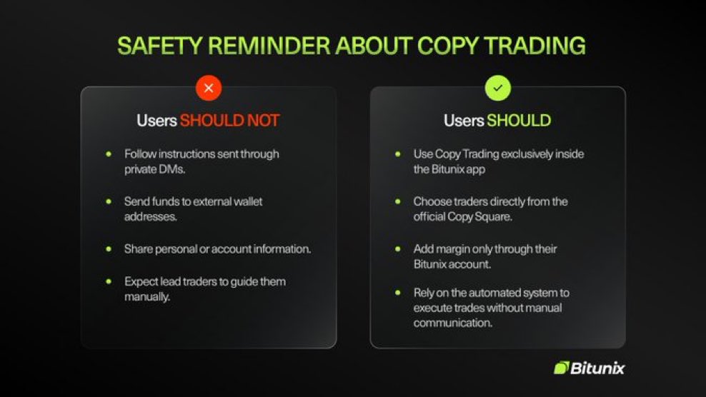 iamufakii's tweet image. Some important safety tips for anyone using Copy Trading on @BitunixOfficial

Copy Trading only works properly when you stay inside the #Bitunix app and follow the official steps. 
Once you move outside the platform, entertain private DMs, or let someone ask for your details or…