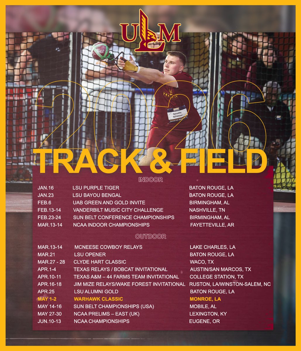 ULM_Track's tweet photo. 𝐌𝐀𝐑𝐊 𝐘𝐎𝐔𝐑 𝐂𝐀𝐋𝐄𝐍𝐃𝐀𝐑𝐒 🗓️

The 2026 Track and Field schedule is here! 🏁

📰: https://t.co/KTlzoRC3rX https://t.co/r4wFoNgQCO
