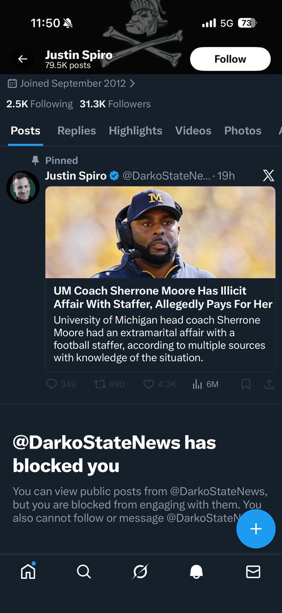 DillDoeLover's tweet photo. @DarkoStateNews is claiming to have broken the Sherrone Moore news first, which all my Herb-ivores know is not true. He went as far as blocking me to keep the truth from coming out. No integrity in sports journalism anymore. I will not let him get away with this #HERBHADITFIRST https://t.co/ytCkzlJxmf