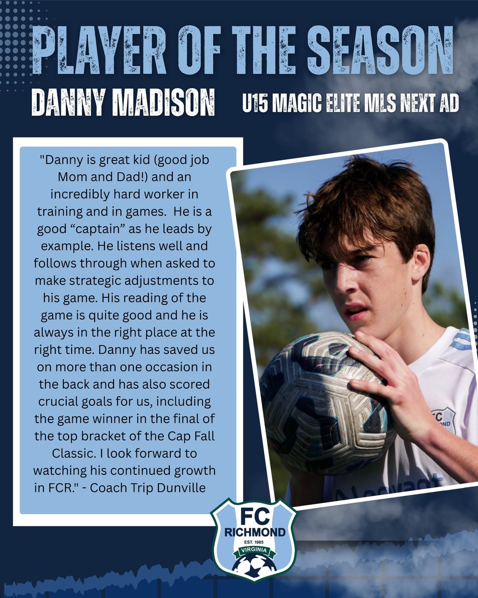 Congratulations, Danny, U15 Magic Elite MLS Next AD Player of the Season!! 👏
#BeyondTheGame
#CharacterCompetitivenessCommunity