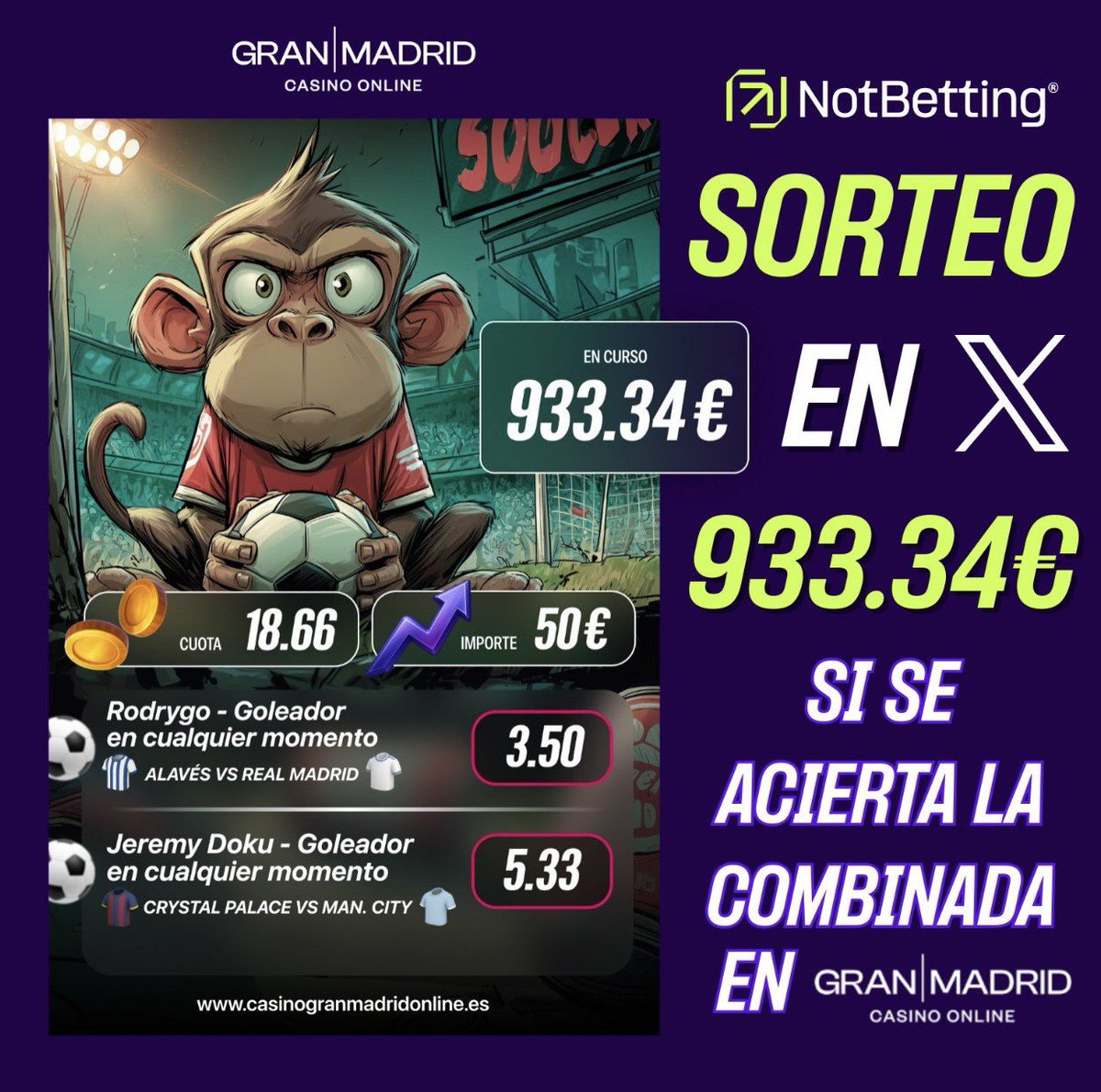 ⚽🔥 ¡SORTEO DE 993.34€! 🔥⚽

Gracias a Gran Madrid lanzamos un SORTEO ÉPICO💰
👉 Si nuestra combinada se acierta, el ganador se lleva 933.34€ DIRECTOS AL BOLSILLO 💸

Solo tienes que:
1️⃣ Seguir a 👉 
<a href="/GranMadridES/">Gran Madrid | Casino Online</a>

2️⃣ Dar RT + ❤️ Me Gusta a este tweet

⚡ Dos pasos sencillos,