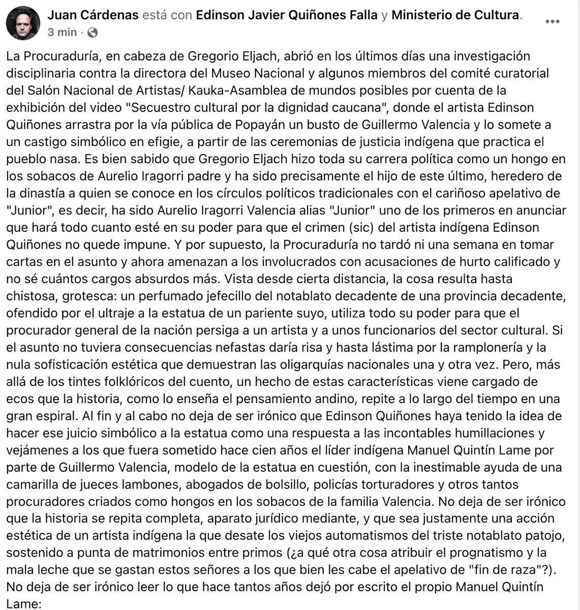 ¿Por qué Aurelio Iragorri "Valencia" persigue artistas en el Cauca? ¿En pleno siglo XXI esta familia sigue sin entender el sentido del arte y solo conoce del garrote y la leguleyada? ¿Por qué siguen siendo tan brutos?