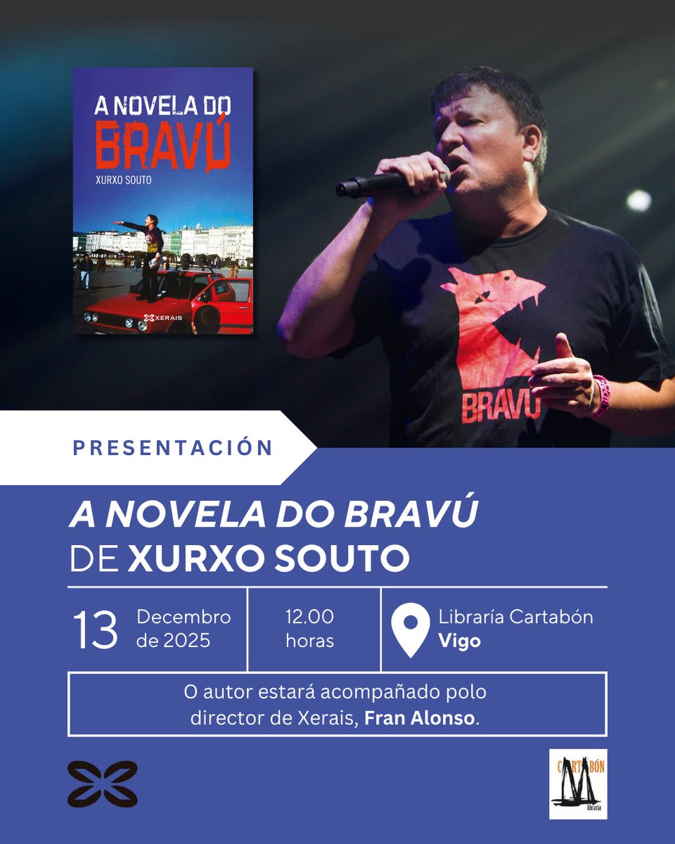 Vigo: presentación de A novela do Bravú, de Xurxo Souto: axendacultural.aelg.gal/2025/12/12/vig… <a href="/Cartabon_Libr/">Libraría Cartabón</a> <a href="/Xerais/">Xerais</a> <a href="/franalonso/">Fran Alonso</a>
