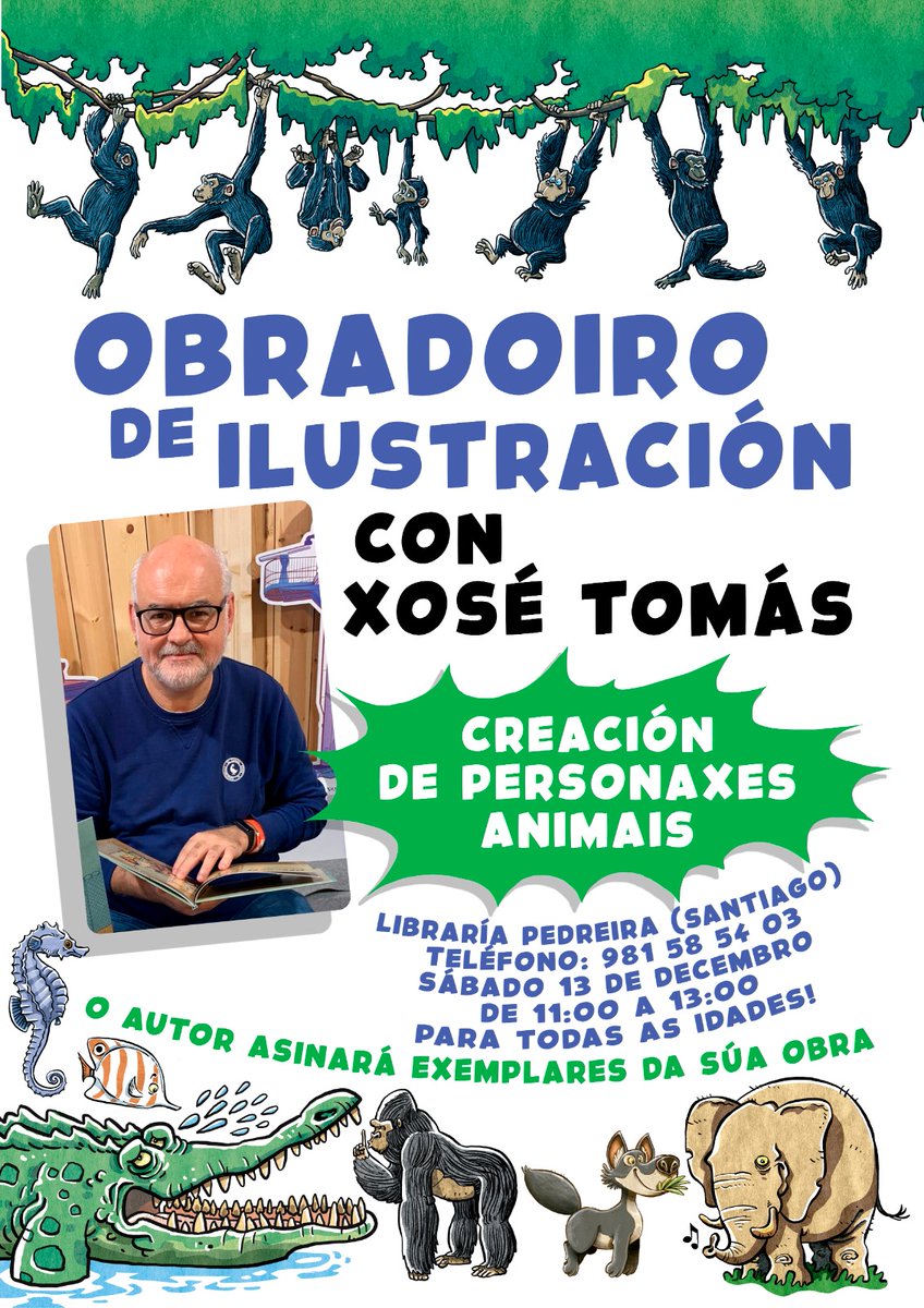 Compostela: obradoiro de ilustración con Xosé Tomás: axendacultural.aelg.gal/2025/12/12/com… <a href="/libpedreira/">libraría Pedreira🍍🍉</a>