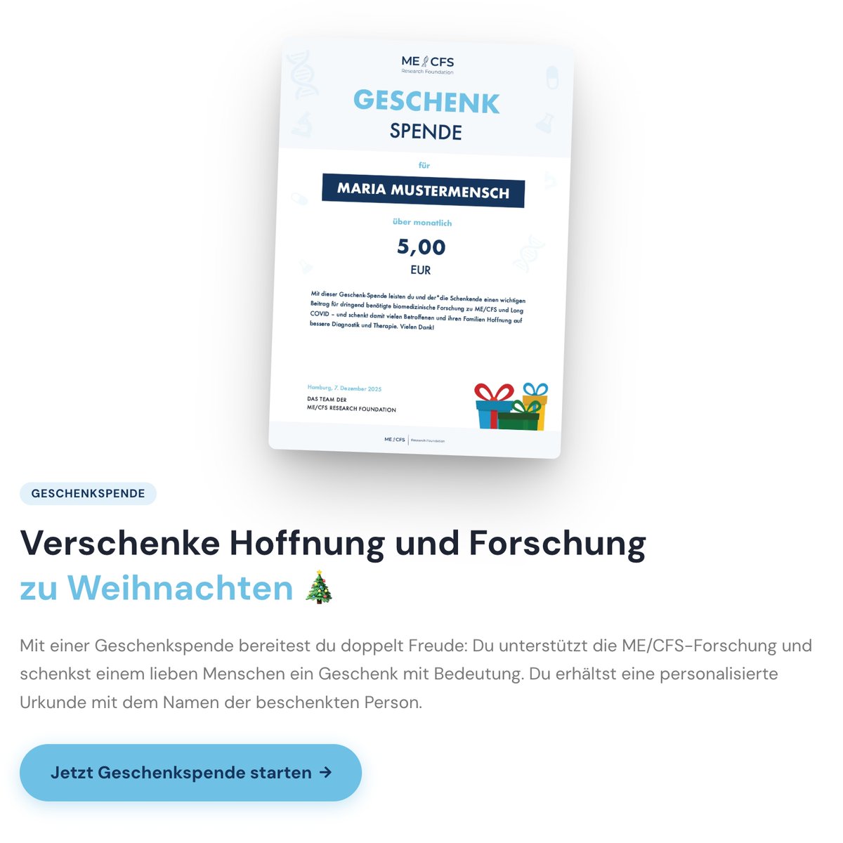 ungenesbar's tweet image. Zwischen all den Lichtern im Dezember gibt es Gesten, die länger strahlen als jede Lichterkette.

Mit unserer Geschenkspende legst du einem besonderen Menschen eine Urkunde unter den Baum – und zugleich ein kleines Leuchten in das Leben derer, die mit #MECFS oder #LongCOVID im…