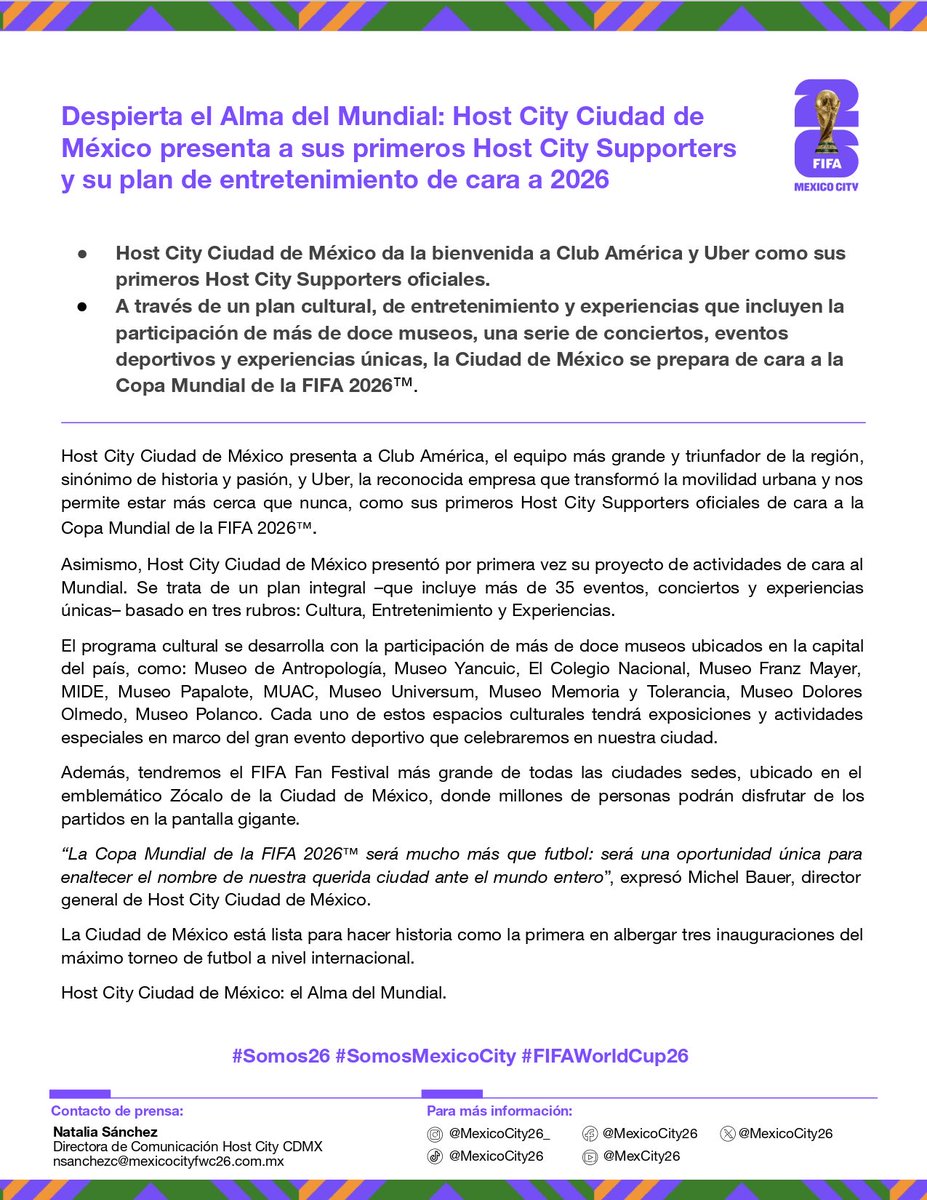 Despierta el Alma del Mundial: Host City Ciudad de México presenta a sus primeros Host City Supporters y su plan de entretenimiento de cara a 2026

#Somos26 #SomosMexicoCity #FIFAWorldCup26