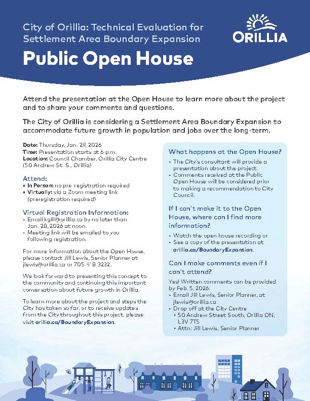 Get informed and have your say, Orillia! 

💡 Hybrid Public Open House
📅 January 29, 2026
🕛 6- 8 PM
➡️ Council Chamber at City Centre
 
See below for Open House information. 

To view the documents: orillia.ca/boundaryexpans…