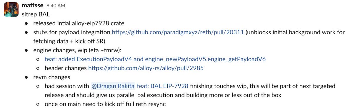 gakonst's tweet image. some exciting progress towards Glamsterdam Reth, should have full BALs implemented in a few weeks, which is one of the most important features for Ethereum performance:
1. start running state root calculation asap
2. full pre-fetching of state
3. perfectly parallel validation