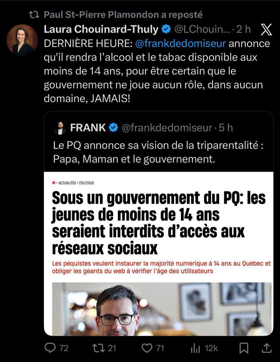 C’est quoi la stratégie de génie, là ? On tente de se faire pardonner nos attaques sur les artistes en tapant sur « la droite de Québec » ? Et ce tweet totalement idiot est repartagé par le chef, le parti et toute la clique d’apparatchiks. Ça va ?