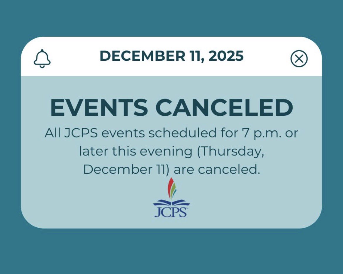 ❄️IMPORTANT | Due to forecasted winter weather, all JCPS events scheduled for 7 p.m. or later this evening are canceled. A decision on Friday’s schedule will be announced tonight or tomorrow morning.