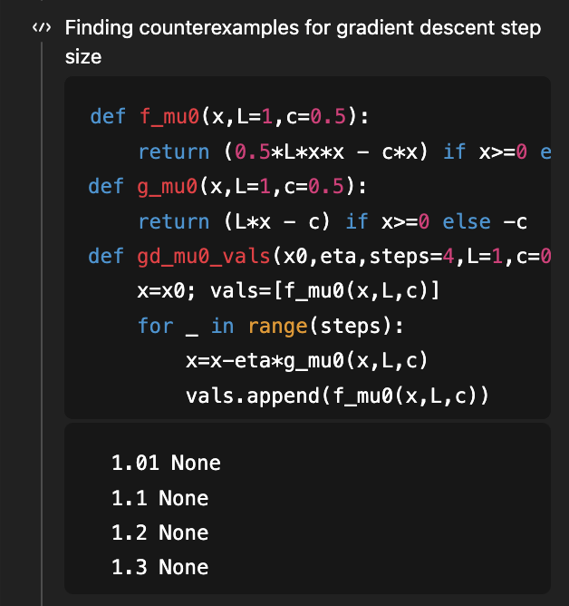 ご記憶にあるかと思いますが、これは私がGPT-5の研究能力を示すために使用した最初の問題であり、滑らかな凸最適化のための勾配降下法が凸状の学習曲線を許容するステップサイズ条件を決定することが目標でした。eta < 1/Lで十分であり、eta