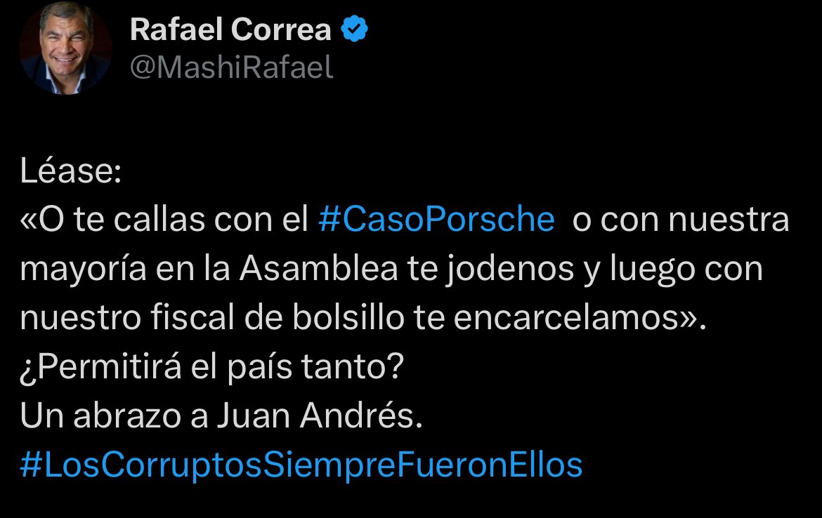 ecuainm_oficial's tweet photo. ‼️#URGENTE
Expresidente Correa reacciona a la denuncia de la legisladora Ana Belén Tapia contra Juan Andrés González por supuesto cobro de diezmos. https://t.co/W9UtpoYRtI
