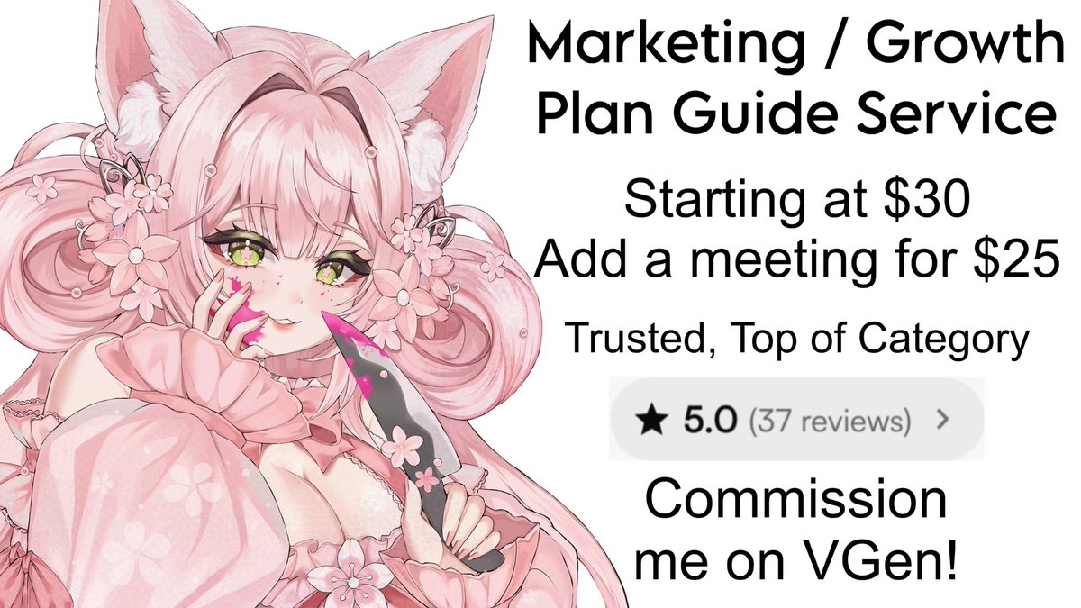 🌸  ┊ ꒰  COMMISSIONS OPEN  ꒱ ┊ 🌸

Calling all VTubers!

Are you struggling with marketing? Is your growth stagnant?

Look no further; I have a Marketing/Growth plan service on VGen! 🩷

For $30, you receive a 10+ page doc on how to grow your socials!

🧵 More info below! 👇