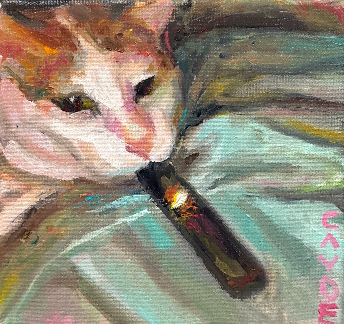 caydeplanet's tweet image. I made an oil painting of a cat hitting a Juul