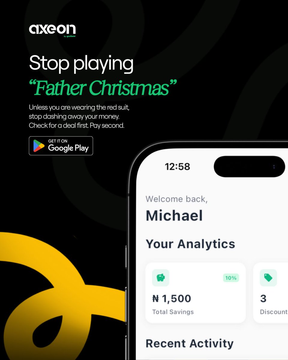 axeon_io's tweet photo. Your account is not a charity organization. Stop playing Father Christmas 😭
Before you pay full price this December, check Axeon for instant discounts on food, tech, fashion & flights.
#AxeonApp #SpendWiser #Cashback #SpendLessSaveMore #DiscountDeals #SaveMoreLiveBetter https://t.co/WtnL1BuE86