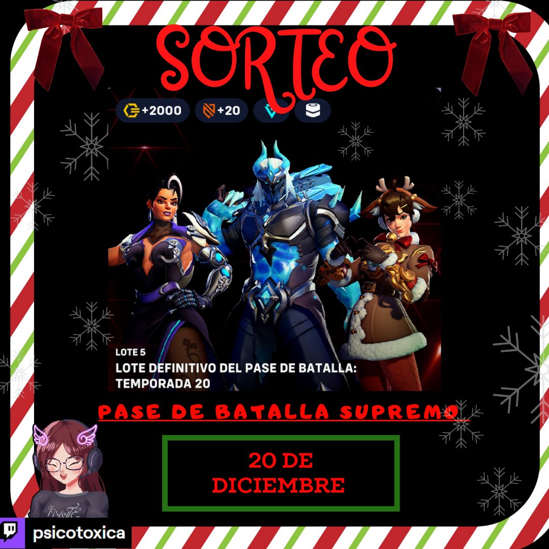 Psicotoxicaa's tweet photo. SORTEO PASE DE BATALLA SUPREMO ✨️
Gracias @OverwatchLATAM y @Blizzard_Ent por el codigo de regalo
Requisitos:
▪️Seguirme en X, ig y Twitch 
▪️LIKE Y RT
▪️ MENCIONAR A UN AMIGO
▪️CANJEAR LA RECOMPENSA EN MI CANAL DE TWITCH CUANDO ESTE EN VIVO 
SUB X2
#OWLATAM #OW2temporada20 https://t.co/r6KYqucpNg