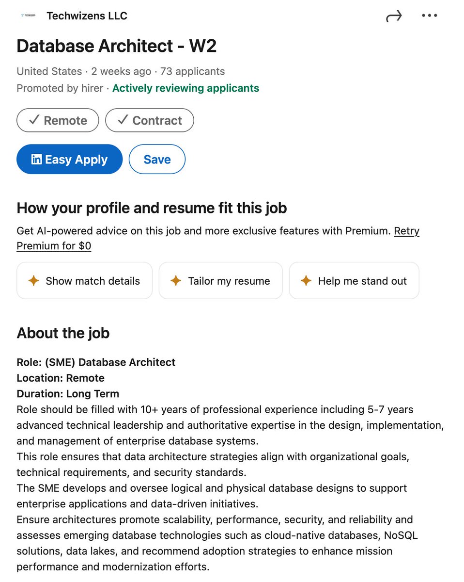 Wbalcerzak87's tweet photo. Zdradzę Wam sekret, o którym mało kto mówi publicznie – a który działa w Polsce praktycznie 1:1.

Szukając pracy na LinkedIn, nie zatrzymujcie się na samej ofercie. Wejdźcie głębiej: sprawdźcie firmę, która ją publikuje, i przeanalizujcie jej aktywność wstecz.

Przykład: firma Techwizens LLC twierdzi, że rekrutuje na stanowisko Data Architect.

Jednak historyczne oferty publikowane na ich stronie pokazują zupełnie inny obraz.
99% ogłoszeń ma zaledwie kilka miesięcy, a samo stanowisko Data Architect… po prostu nie istnieje w żadnym innym miejscu ich struktury.

To klasyczna ghost posting – pozorowana rekrutacja służąca do:

• zbierania CV i danych kandydatów,
• budowania bazy talentów wykorzystywanej później poza oficjalnym procesem,

• przygotowania gruntu pod zatrudnianie pracowników spoza USA na stanowiskach deklarowanych jako „amerykańskie” tak samo dzieje się w Polsce .

I co ważne: zjawisko to nie dotyczy wyłącznie małych firm. Rośnie w dużych organizacjach i zaczyna być coraz bardziej systemowe.

Jeżeli szukacie pracy, zwracajcie uwagę nie tylko na to, kto rekrutuje, ale również jak wygląda ich historia rekrutacyjna. To często najlepszy sygnał ostrzegawczy, że oferta nie jest tym, czym wydaje się być.