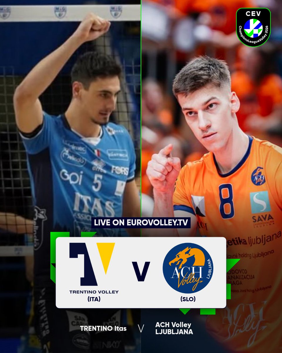 CEVolleyball's tweet image. Game time!
Trentino Itas take on ACH Volley Ljubljana in Pool A tonight. 🏐🔥

📺 Watch the CEV Champions League Volley 2026 Men LIVE on EuroVolley.TV ➡️ link.cev.eu/Subscription

#CLVolleyM #CEV #Volleyball #CLVolley