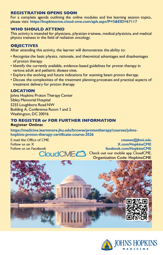 JHMRadOnc's tweet photo. Registration is Officially Open!

Johns Hopkins Proton Therapy Certificate Course Online Pre-Requisite Course: Available March 27, 2026, In-Person Course: April 10-11, 2026

Secure your spot and learn more here:

https://t.co/7q5ERRZRAk https://t.co/TRbbeaGx1h