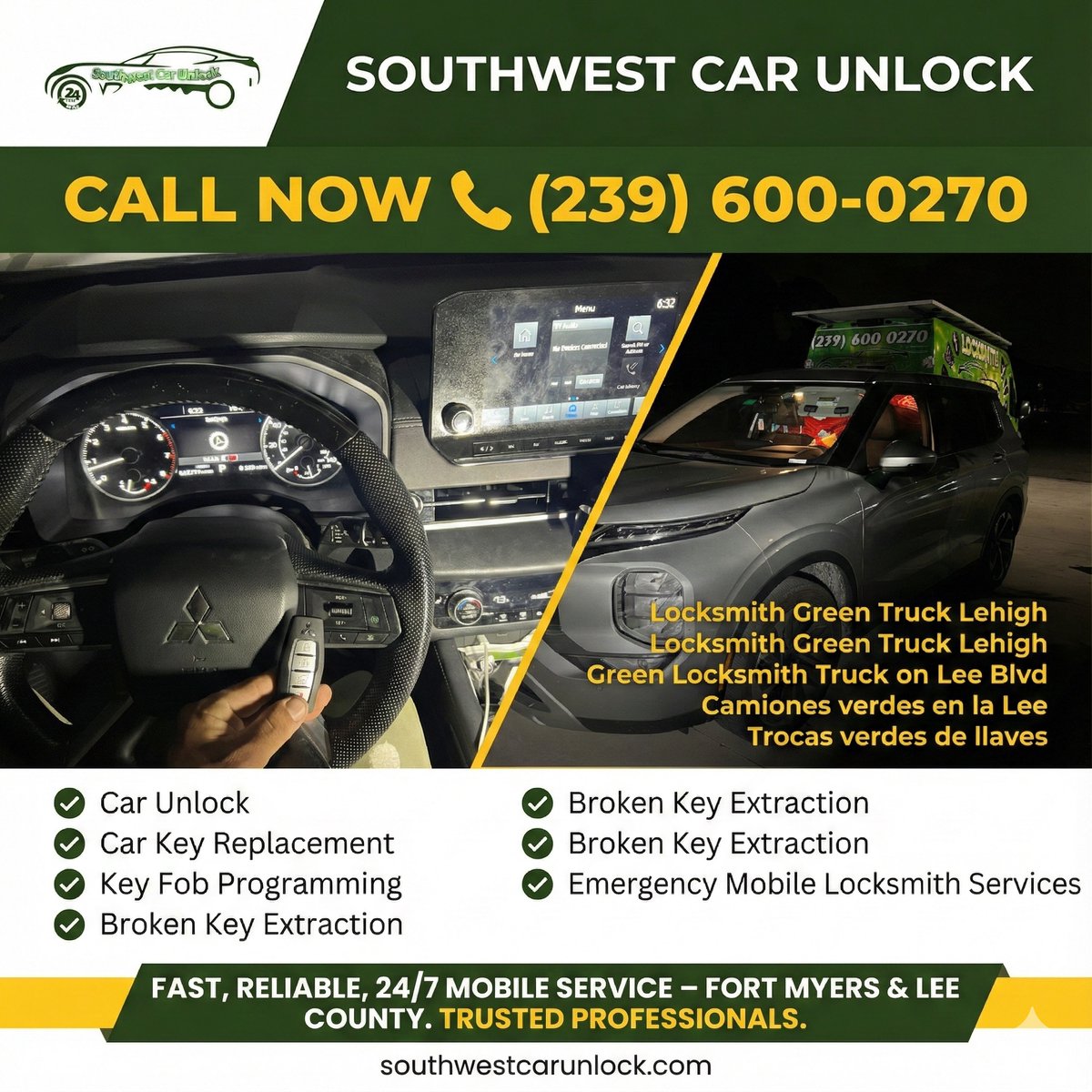 southwestcar's tweet image. 24/7 mobile locksmith in Fort Myers &amp;amp; Lehigh. OEM keys, car unlocks &amp;amp; smart key programming. Look for our Green locksmith truck on Lee Blvd. Call 📞 (239) 600-0270. #LocksmithNearMe #OEMKeys