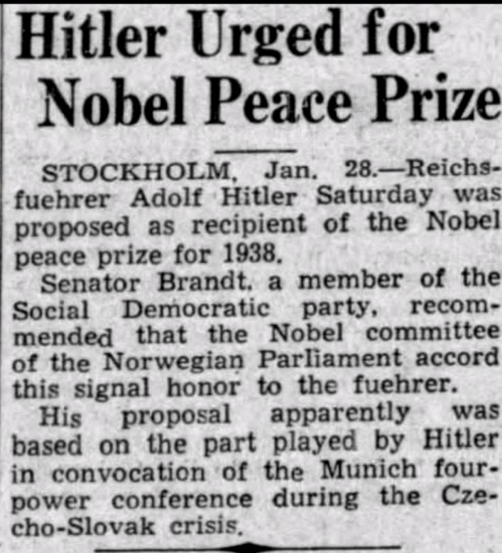 CONTEXTO

En 1939 el diputado socialdemócrata sueco Erik Brandt envió una carta al Comité Noruego del Nobel nominando a Adolf Hitler para el Nobel de la Paz

Conoce las razones hilarantes de este hecho histórico en la página oficial del Nobel de la Paz 👇

nobelpeacecenter.org/en/news/hitler…