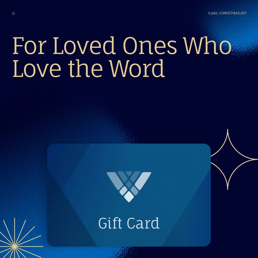 Promotional image for a gift card, featuring a dark blue background with shimmering stars, designed for literature enthusiasts. A gift card with a diamond-shaped logo is displayed in the center. Use code CHRISTMASJOY for special offers.