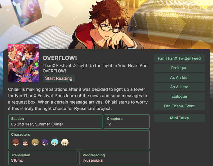 🌠 Enstars Ryuseitai Event Story Translation: Fan ThanX Festival — OVERFLOW! 🌠

🌊 Proofreading by ryuseipuka, thank you so much for your hard work! 💫

➡️ Story Directory: 310mc.github.io/overflow/
➡️ Mini Talks: 310mc.github.io/overflow/#Mini…